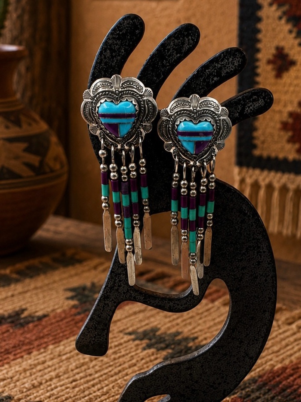 Quoc Southwest Sterling Silver Faux Turquoise Sugilte Heart Dangle Earrings